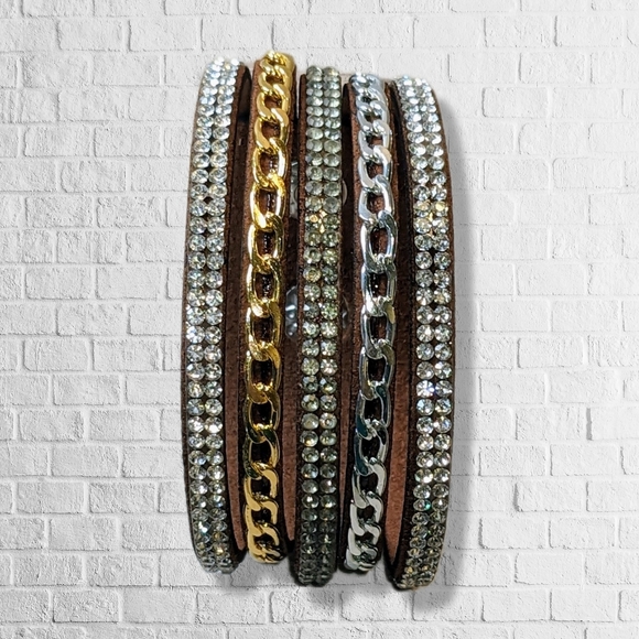 A7 Silver Crystal Gold Rhinestone Suede Wrap New Brown Bracelet Adjustable A7 - Picture 10 of 16
